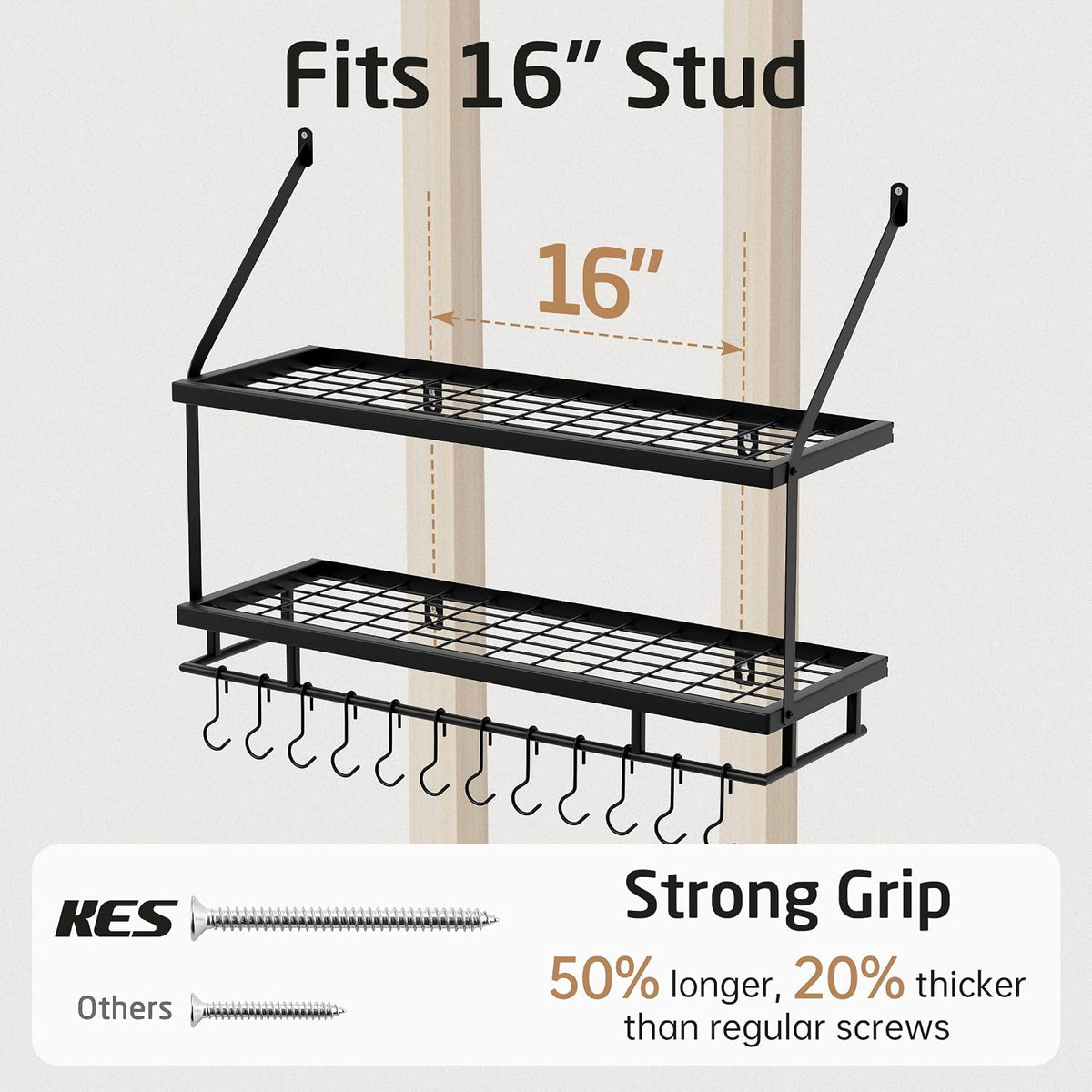 30-Inch Kitchen Pot Rack - Mounted Hanging Rack for Kitchen Storage and Organization - Matte Black 2-Tier Wall Shelf with Guard Rail for Pots and Pans Organizer with 12 Hooks - KUR215S75B-BK