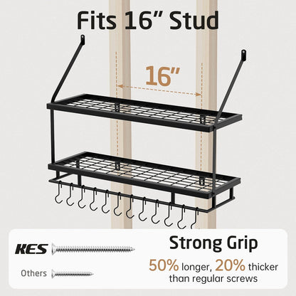 30-Inch Kitchen Pot Rack - Mounted Hanging Rack for Kitchen Storage and Organization - Matte Black 2-Tier Wall Shelf with Guard Rail for Pots and Pans Organizer with 12 Hooks - KUR215S75B-BK