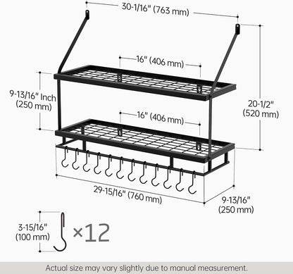 30-Inch Kitchen Pot Rack - Mounted Hanging Rack for Kitchen Storage and Organization - Matte Black 2-Tier Wall Shelf with Guard Rail for Pots and Pans Organizer with 12 Hooks - KUR215S75B-BK