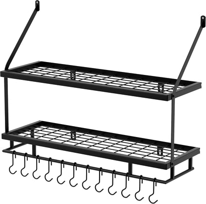 30-Inch Kitchen Pot Rack - Mounted Hanging Rack for Kitchen Storage and Organization - Matte Black 2-Tier Wall Shelf with Guard Rail for Pots and Pans Organizer with 12 Hooks - KUR215S75B-BK
