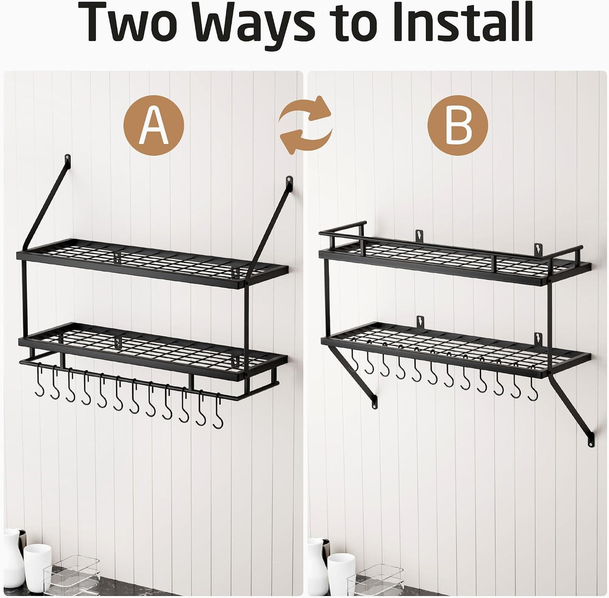 30-Inch Kitchen Pot Rack - Mounted Hanging Rack for Kitchen Storage and Organization - Matte Black 2-Tier Wall Shelf with Guard Rail for Pots and Pans Organizer with 12 Hooks - KUR215S75B-BK