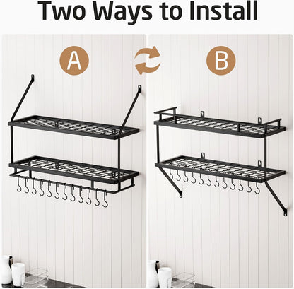 30-Inch Kitchen Pot Rack - Mounted Hanging Rack for Kitchen Storage and Organization - Matte Black 2-Tier Wall Shelf with Guard Rail for Pots and Pans Organizer with 12 Hooks - KUR215S75B-BK