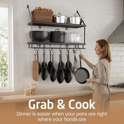 30-Inch Kitchen Pot Rack - Mounted Hanging Rack for Kitchen Storage and Organization - Matte Black 2-Tier Wall Shelf with Guard Rail for Pots and Pans Organizer with 12 Hooks - KUR215S75B-BK