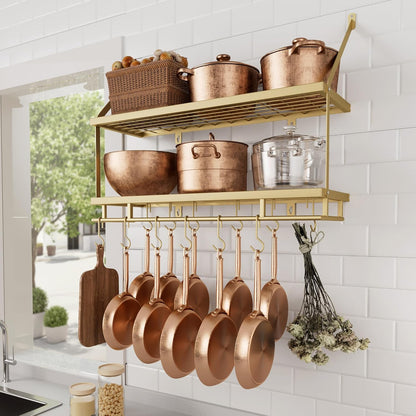 30-Inch Kitchen Pot Rack - Mounted Hanging Rack for Kitchen Storage and Organization - Matte Black 2-Tier Wall Shelf with Guard Rail for Pots and Pans Organizer with 12 Hooks - KUR215S75B-BK