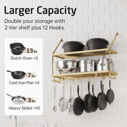 30-Inch Kitchen Pot Rack - Mounted Hanging Rack for Kitchen Storage and Organization - Matte Black 2-Tier Wall Shelf with Guard Rail for Pots and Pans Organizer with 12 Hooks - KUR215S75B-BK