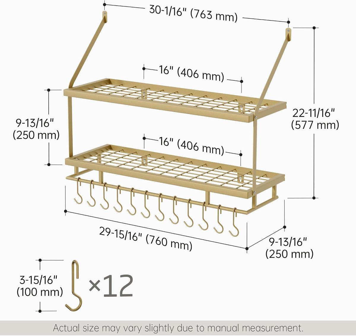 30-Inch Kitchen Pot Rack - Mounted Hanging Rack for Kitchen Storage and Organization - Matte Black 2-Tier Wall Shelf with Guard Rail for Pots and Pans Organizer with 12 Hooks - KUR215S75B-BK