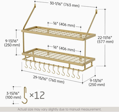 30-Inch Kitchen Pot Rack - Mounted Hanging Rack for Kitchen Storage and Organization - Matte Black 2-Tier Wall Shelf with Guard Rail for Pots and Pans Organizer with 12 Hooks - KUR215S75B-BK