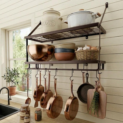 30-Inch Kitchen Pot Rack - Mounted Hanging Rack for Kitchen Storage and Organization - Matte Black 2-Tier Wall Shelf with Guard Rail for Pots and Pans Organizer with 12 Hooks - KUR215S75B-BK
