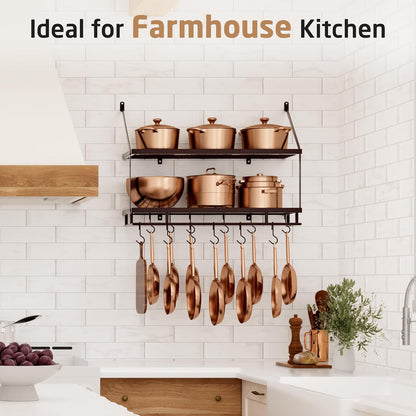 30-Inch Kitchen Pot Rack - Mounted Hanging Rack for Kitchen Storage and Organization - Matte Black 2-Tier Wall Shelf with Guard Rail for Pots and Pans Organizer with 12 Hooks - KUR215S75B-BK