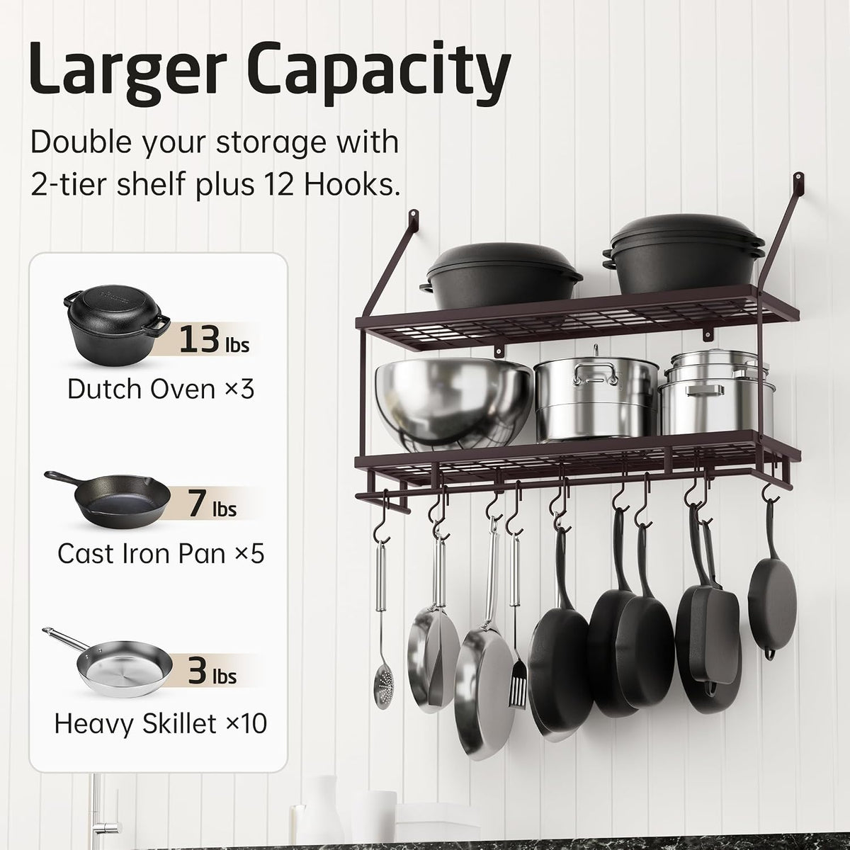 30-Inch Kitchen Pot Rack - Mounted Hanging Rack for Kitchen Storage and Organization - Matte Black 2-Tier Wall Shelf with Guard Rail for Pots and Pans Organizer with 12 Hooks - KUR215S75B-BK