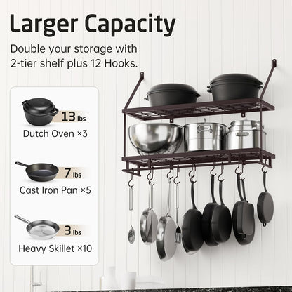 30-Inch Kitchen Pot Rack - Mounted Hanging Rack for Kitchen Storage and Organization - Matte Black 2-Tier Wall Shelf with Guard Rail for Pots and Pans Organizer with 12 Hooks - KUR215S75B-BK