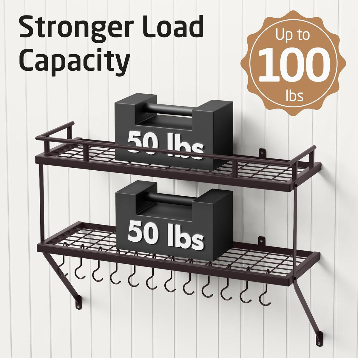 30-Inch Kitchen Pot Rack - Mounted Hanging Rack for Kitchen Storage and Organization - Matte Black 2-Tier Wall Shelf with Guard Rail for Pots and Pans Organizer with 12 Hooks - KUR215S75B-BK