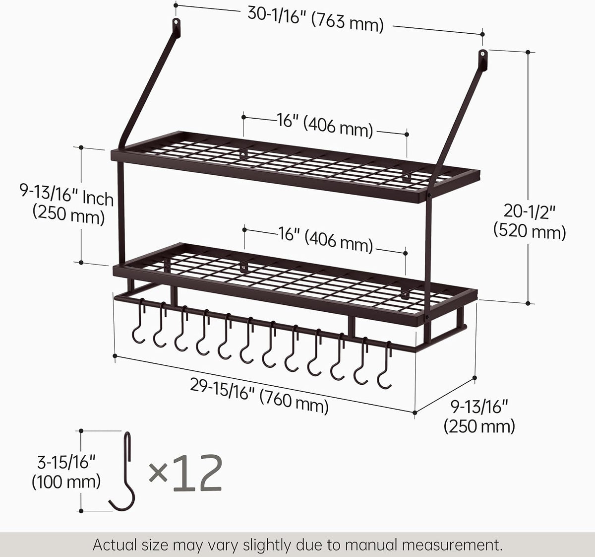 30-Inch Kitchen Pot Rack - Mounted Hanging Rack for Kitchen Storage and Organization - Matte Black 2-Tier Wall Shelf with Guard Rail for Pots and Pans Organizer with 12 Hooks - KUR215S75B-BK