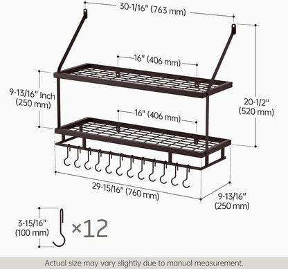 30-Inch Kitchen Pot Rack - Mounted Hanging Rack for Kitchen Storage and Organization - Matte Black 2-Tier Wall Shelf with Guard Rail for Pots and Pans Organizer with 12 Hooks - KUR215S75B-BK