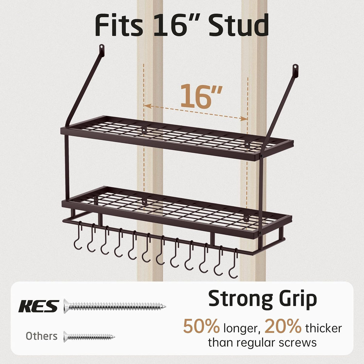 30-Inch Kitchen Pot Rack - Mounted Hanging Rack for Kitchen Storage and Organization - Matte Black 2-Tier Wall Shelf with Guard Rail for Pots and Pans Organizer with 12 Hooks - KUR215S75B-BK