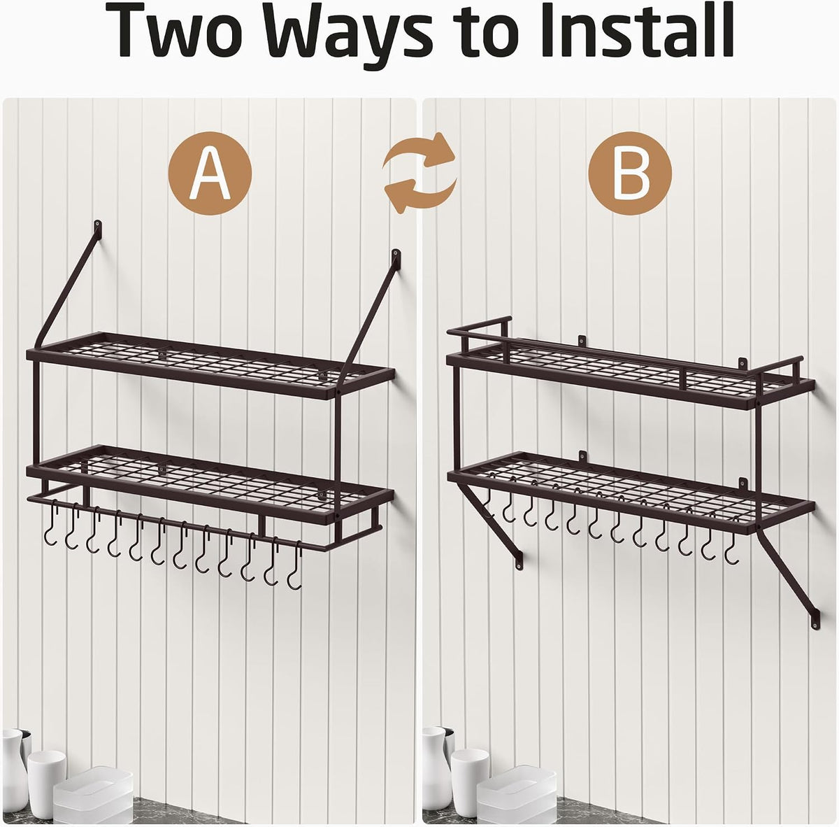 30-Inch Kitchen Pot Rack - Mounted Hanging Rack for Kitchen Storage and Organization - Matte Black 2-Tier Wall Shelf with Guard Rail for Pots and Pans Organizer with 12 Hooks - KUR215S75B-BK