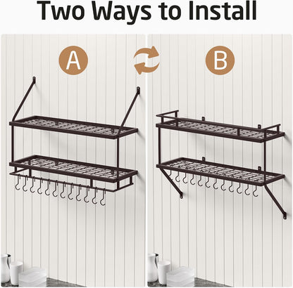 30-Inch Kitchen Pot Rack - Mounted Hanging Rack for Kitchen Storage and Organization - Matte Black 2-Tier Wall Shelf with Guard Rail for Pots and Pans Organizer with 12 Hooks - KUR215S75B-BK