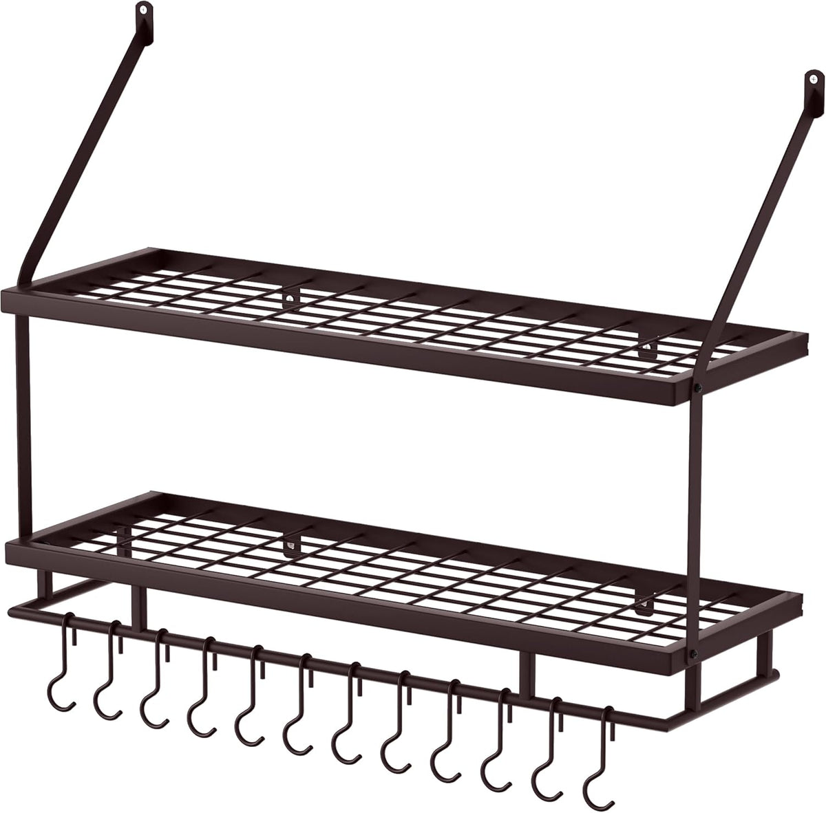 30-Inch Kitchen Pot Rack - Mounted Hanging Rack for Kitchen Storage and Organization - Matte Black 2-Tier Wall Shelf with Guard Rail for Pots and Pans Organizer with 12 Hooks - KUR215S75B-BK