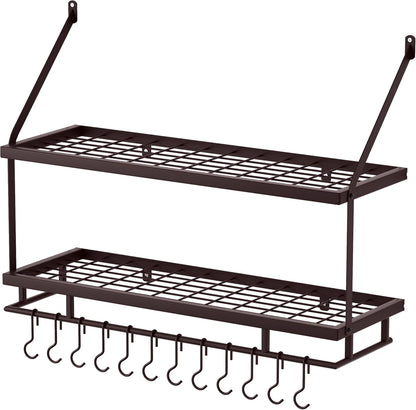 30-Inch Kitchen Pot Rack - Mounted Hanging Rack for Kitchen Storage and Organization - Matte Black 2-Tier Wall Shelf with Guard Rail for Pots and Pans Organizer with 12 Hooks - KUR215S75B-BK