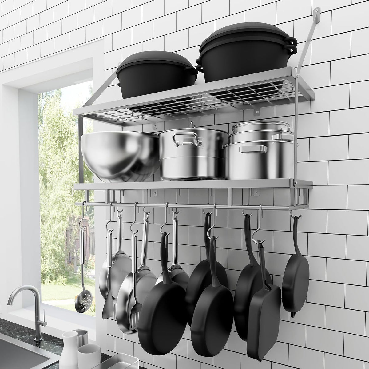 30-Inch Kitchen Pot Rack - Mounted Hanging Rack for Kitchen Storage and Organization - Matte Black 2-Tier Wall Shelf with Guard Rail for Pots and Pans Organizer with 12 Hooks - KUR215S75B-BK