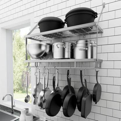 30-Inch Kitchen Pot Rack - Mounted Hanging Rack for Kitchen Storage and Organization - Matte Black 2-Tier Wall Shelf with Guard Rail for Pots and Pans Organizer with 12 Hooks - KUR215S75B-BK