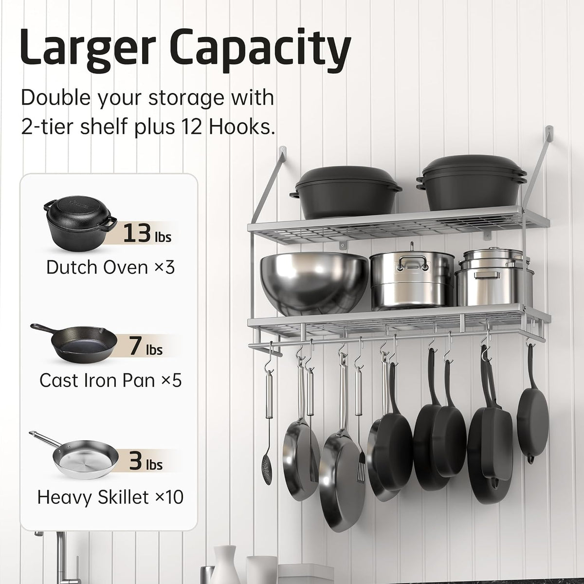 30-Inch Kitchen Pot Rack - Mounted Hanging Rack for Kitchen Storage and Organization - Matte Black 2-Tier Wall Shelf with Guard Rail for Pots and Pans Organizer with 12 Hooks - KUR215S75B-BK