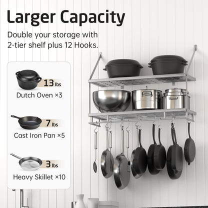 30-Inch Kitchen Pot Rack - Mounted Hanging Rack for Kitchen Storage and Organization - Matte Black 2-Tier Wall Shelf with Guard Rail for Pots and Pans Organizer with 12 Hooks - KUR215S75B-BK