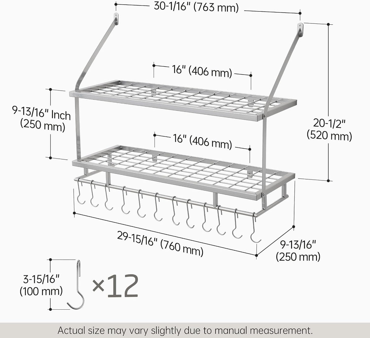30-Inch Kitchen Pot Rack - Mounted Hanging Rack for Kitchen Storage and Organization - Matte Black 2-Tier Wall Shelf with Guard Rail for Pots and Pans Organizer with 12 Hooks - KUR215S75B-BK