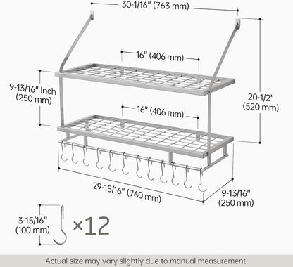 30-Inch Kitchen Pot Rack - Mounted Hanging Rack for Kitchen Storage and Organization - Matte Black 2-Tier Wall Shelf with Guard Rail for Pots and Pans Organizer with 12 Hooks - KUR215S75B-BK