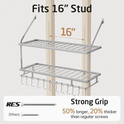 30-Inch Kitchen Pot Rack - Mounted Hanging Rack for Kitchen Storage and Organization - Matte Black 2-Tier Wall Shelf with Guard Rail for Pots and Pans Organizer with 12 Hooks - KUR215S75B-BK