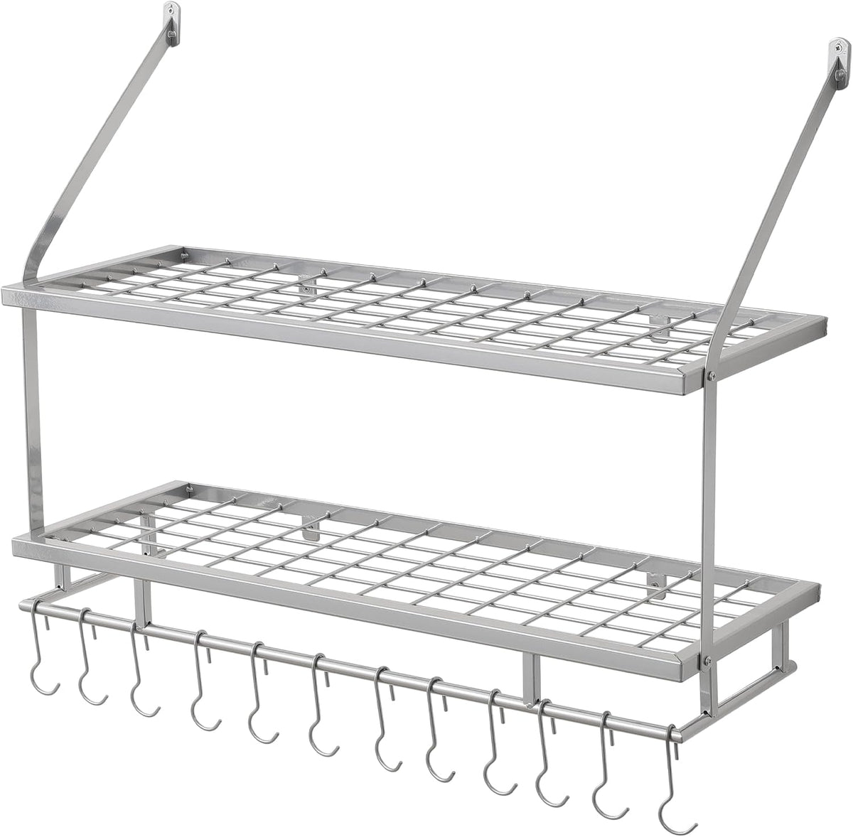 30-Inch Kitchen Pot Rack - Mounted Hanging Rack for Kitchen Storage and Organization - Matte Black 2-Tier Wall Shelf with Guard Rail for Pots and Pans Organizer with 12 Hooks - KUR215S75B-BK