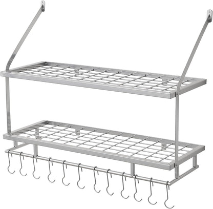 30-Inch Kitchen Pot Rack - Mounted Hanging Rack for Kitchen Storage and Organization - Matte Black 2-Tier Wall Shelf with Guard Rail for Pots and Pans Organizer with 12 Hooks - KUR215S75B-BK