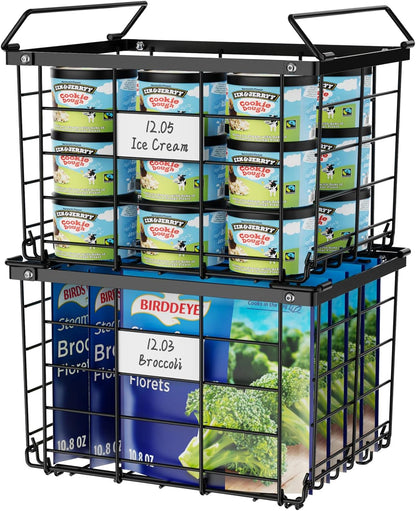 Freezer Organizer Bins - Stackable for 3.5 Cu.ft Freezer | Easy Access for Frozen Food with Label Plates & Wire Handles, Chest Freezer Storage, Daily Restock Use, Assembly Required