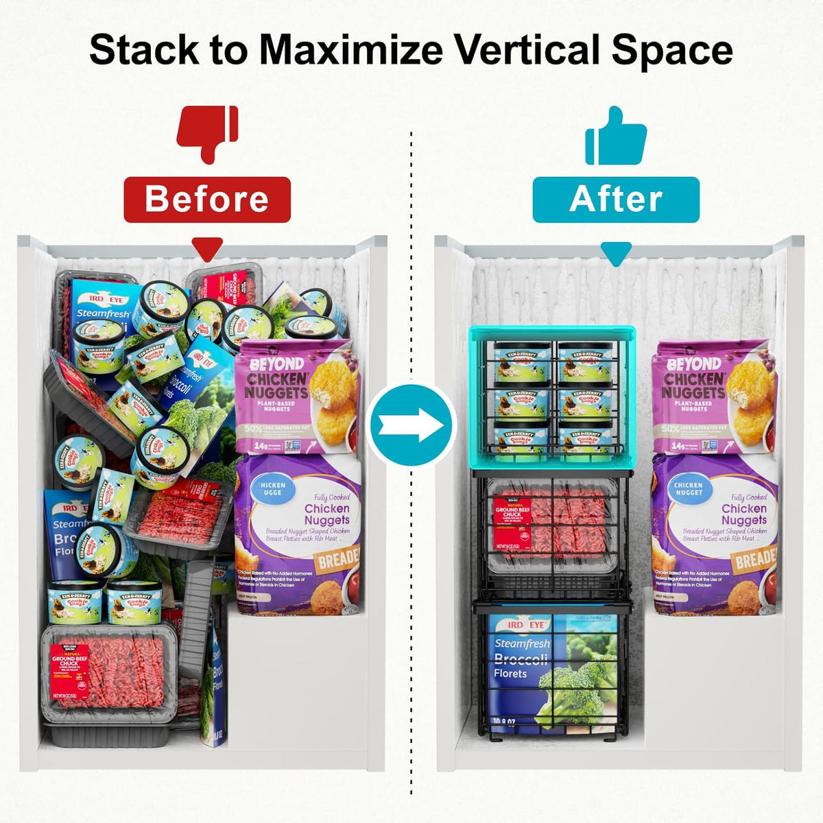 Freezer Organizer Bins - Stackable for 3.5 Cu.ft Freezer | Easy Access for Frozen Food with Label Plates & Wire Handles, Chest Freezer Storage, Daily Restock Use, Assembly Required