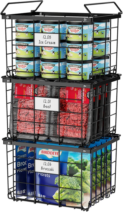 Freezer Organizer Bins - Stackable for 3.5 Cu.ft Freezer | Easy Access for Frozen Food with Label Plates & Wire Handles, Chest Freezer Storage, Daily Restock Use, Assembly Required