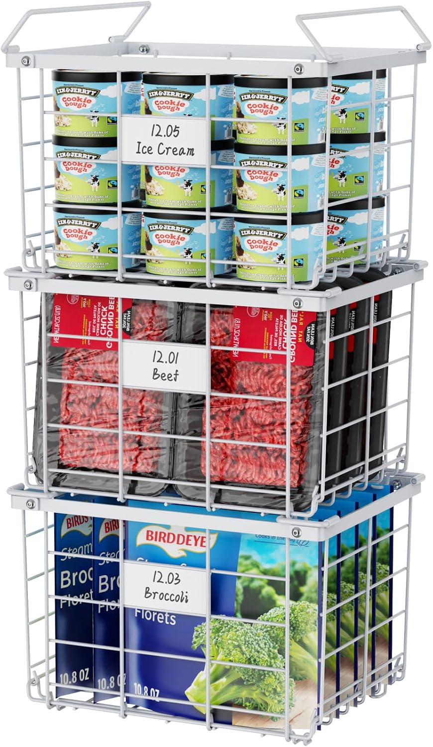 Freezer Organizer Bins - Stackable for 3.5 Cu.ft Freezer | Easy Access for Frozen Food with Label Plates & Wire Handles, Chest Freezer Storage, Daily Restock Use, Assembly Required