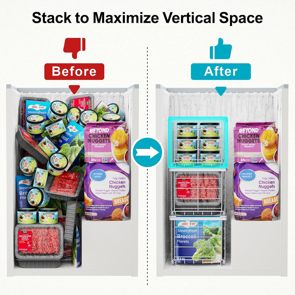 Freezer Organizer Bins - Stackable for 3.5 Cu.ft Freezer | Easy Access for Frozen Food with Label Plates & Wire Handles, Chest Freezer Storage, Daily Restock Use, Assembly Required