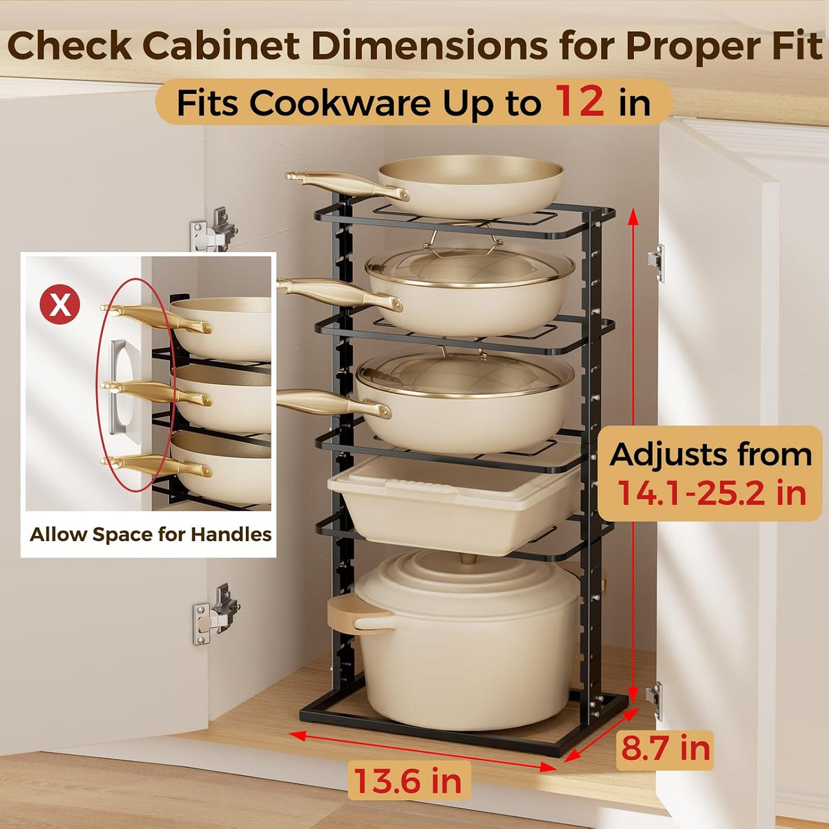 LAMU Pots and Pans Organizer Under Cabinet, 5 -Tier Dual-Pillar Design | Adjustable All-Metal Rack Stores Pots, Pans And Lids in Cabinets, on Countertops or Under Sinks, Holding Up to 55 Lb Black