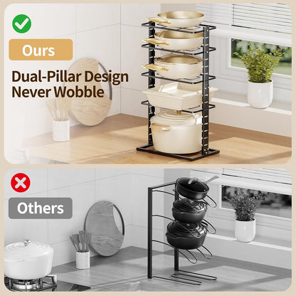 LAMU Pots and Pans Organizer Under Cabinet, 5 -Tier Dual-Pillar Design | Adjustable All-Metal Rack Stores Pots, Pans And Lids in Cabinets, on Countertops or Under Sinks, Holding Up to 55 Lb Black