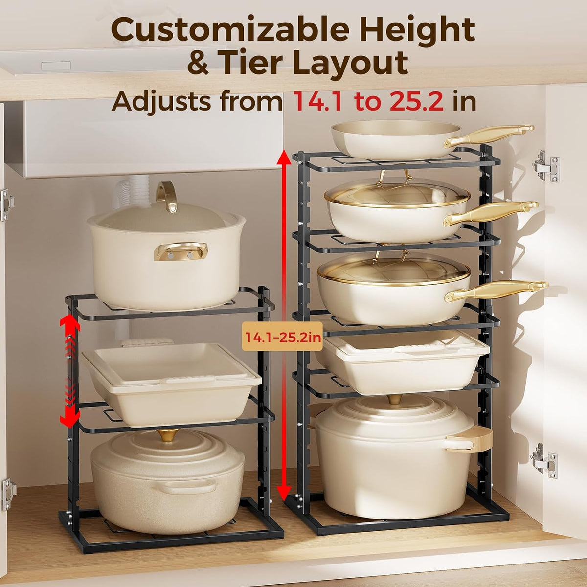 LAMU Pots and Pans Organizer Under Cabinet, 5 -Tier Dual-Pillar Design | Adjustable All-Metal Rack Stores Pots, Pans And Lids in Cabinets, on Countertops or Under Sinks, Holding Up to 55 Lb Black