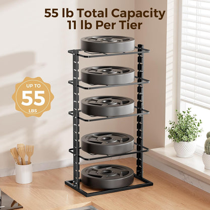 LAMU Pots and Pans Organizer Under Cabinet, 5 -Tier Dual-Pillar Design | Adjustable All-Metal Rack Stores Pots, Pans And Lids in Cabinets, on Countertops or Under Sinks, Holding Up to 55 Lb Black