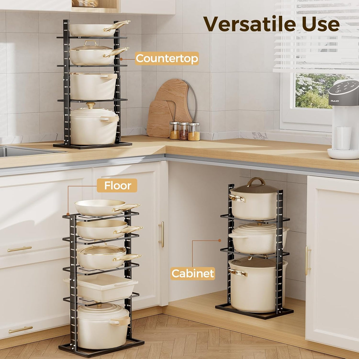 LAMU Pots and Pans Organizer Under Cabinet, 5 -Tier Dual-Pillar Design | Adjustable All-Metal Rack Stores Pots, Pans And Lids in Cabinets, on Countertops or Under Sinks, Holding Up to 55 Lb Black