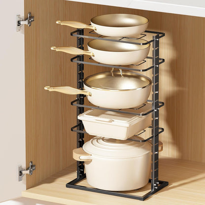 LAMU Pots and Pans Organizer Under Cabinet, 5 -Tier Dual-Pillar Design | Adjustable All-Metal Rack Stores Pots, Pans And Lids in Cabinets, on Countertops or Under Sinks, Holding Up to 55 Lb Black