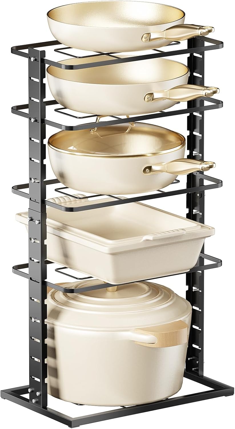 LAMU Pots and Pans Organizer Under Cabinet, 5 -Tier Dual-Pillar Design | Adjustable All-Metal Rack Stores Pots, Pans And Lids in Cabinets, on Countertops or Under Sinks, Holding Up to 55 Lb Black