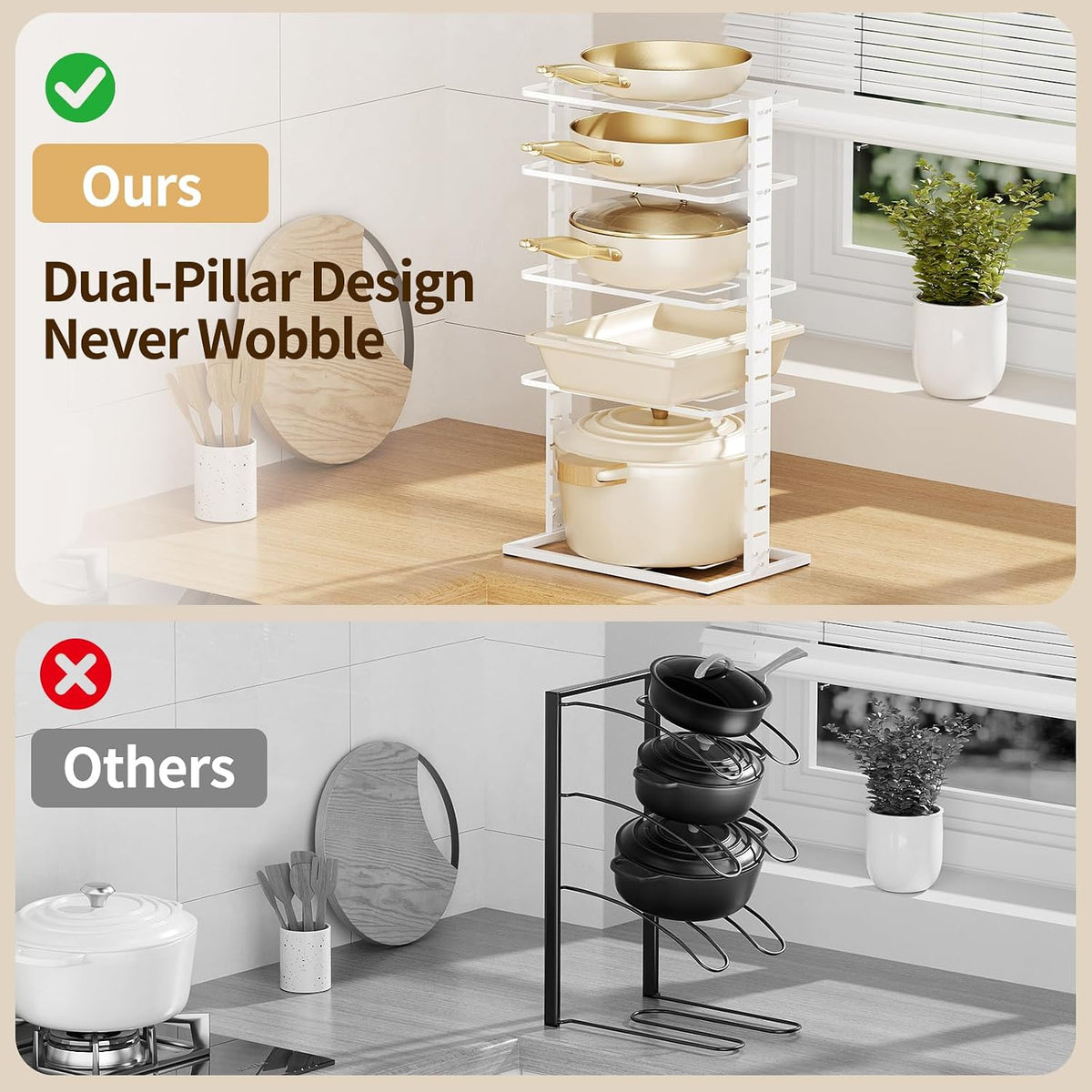 LAMU Pots and Pans Organizer Under Cabinet, 5 -Tier Dual-Pillar Design | Adjustable All-Metal Rack Stores Pots, Pans And Lids in Cabinets, on Countertops or Under Sinks, Holding Up to 55 Lb Black