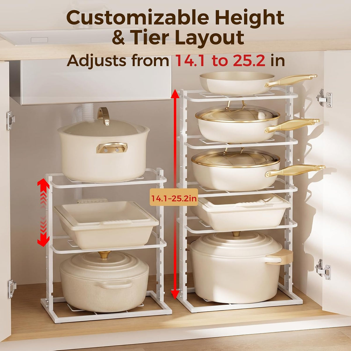 LAMU Pots and Pans Organizer Under Cabinet, 5 -Tier Dual-Pillar Design | Adjustable All-Metal Rack Stores Pots, Pans And Lids in Cabinets, on Countertops or Under Sinks, Holding Up to 55 Lb Black