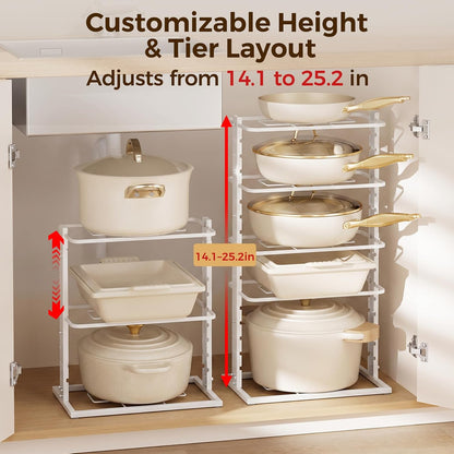 LAMU Pots and Pans Organizer Under Cabinet, 5 -Tier Dual-Pillar Design | Adjustable All-Metal Rack Stores Pots, Pans And Lids in Cabinets, on Countertops or Under Sinks, Holding Up to 55 Lb Black