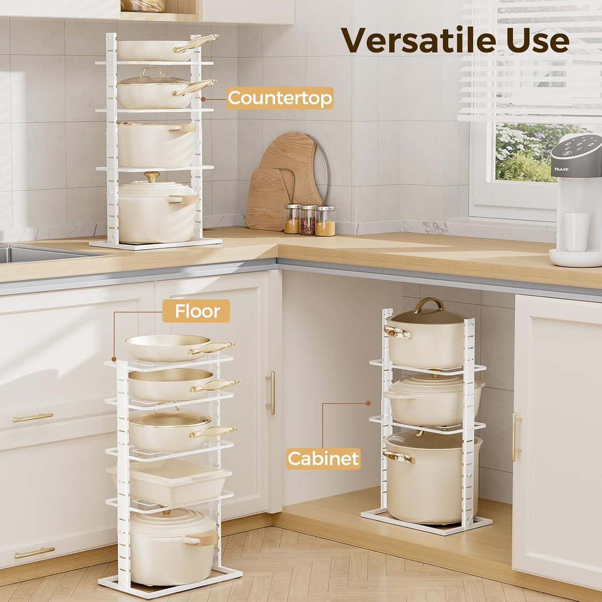 LAMU Pots and Pans Organizer Under Cabinet, 5 -Tier Dual-Pillar Design | Adjustable All-Metal Rack Stores Pots, Pans And Lids in Cabinets, on Countertops or Under Sinks, Holding Up to 55 Lb Black