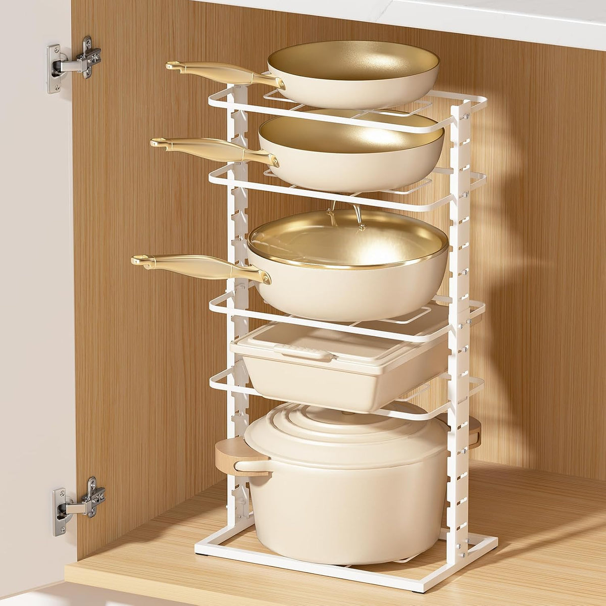 LAMU Pots and Pans Organizer Under Cabinet, 5 -Tier Dual-Pillar Design | Adjustable All-Metal Rack Stores Pots, Pans And Lids in Cabinets, on Countertops or Under Sinks, Holding Up to 55 Lb Black