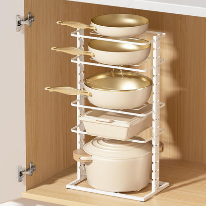 LAMU Pots and Pans Organizer Under Cabinet, 5 -Tier Dual-Pillar Design | Adjustable All-Metal Rack Stores Pots, Pans And Lids in Cabinets, on Countertops or Under Sinks, Holding Up to 55 Lb Black